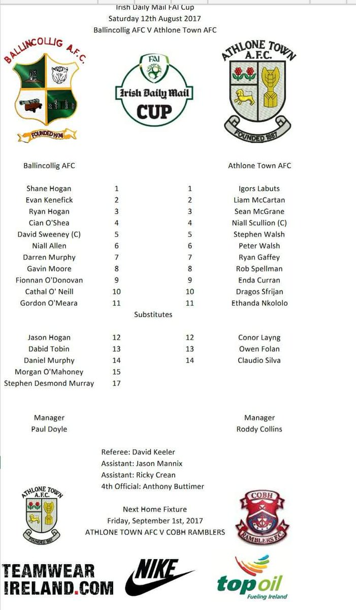 Collig_Afc's tweet photo. Team sheet for this evening's Irish Daily Mail FAI Cup game against Athlone Town AFC. https://t.co/09EKjVoqLh