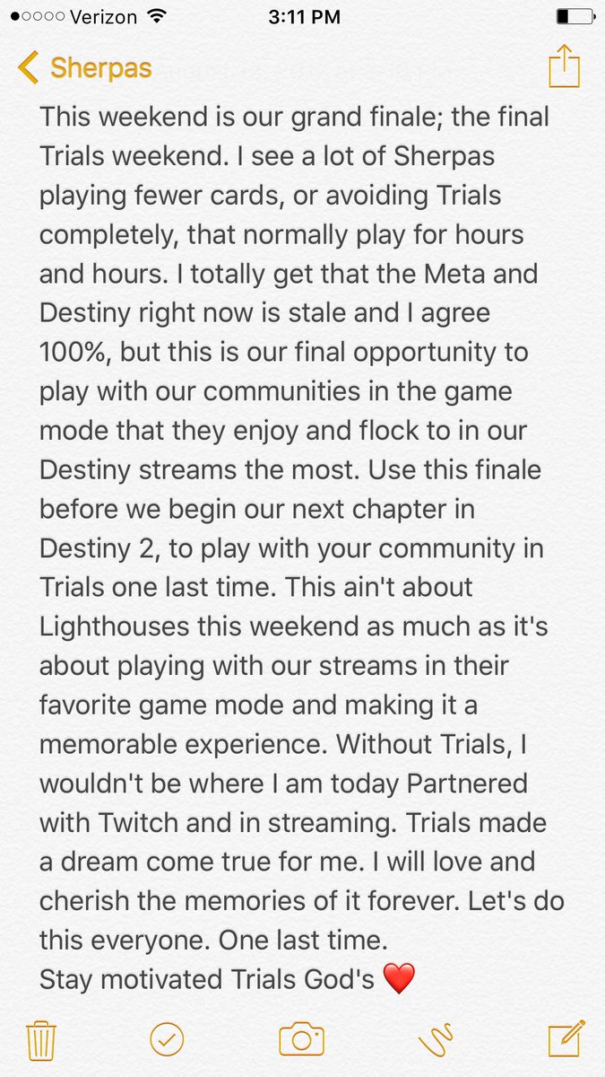 OneActual's tweet photo. To ALL Trials Sherpas and Twitch streamers who play Trials with their communities, run carries, or otherwise. Stay motivated ❤️#OurFinale https://t.co/aEc6QIkLvZ