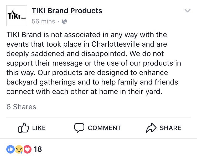 Tiki puts out statement renouncing use of its torches by white nationalists in Charlottesville: