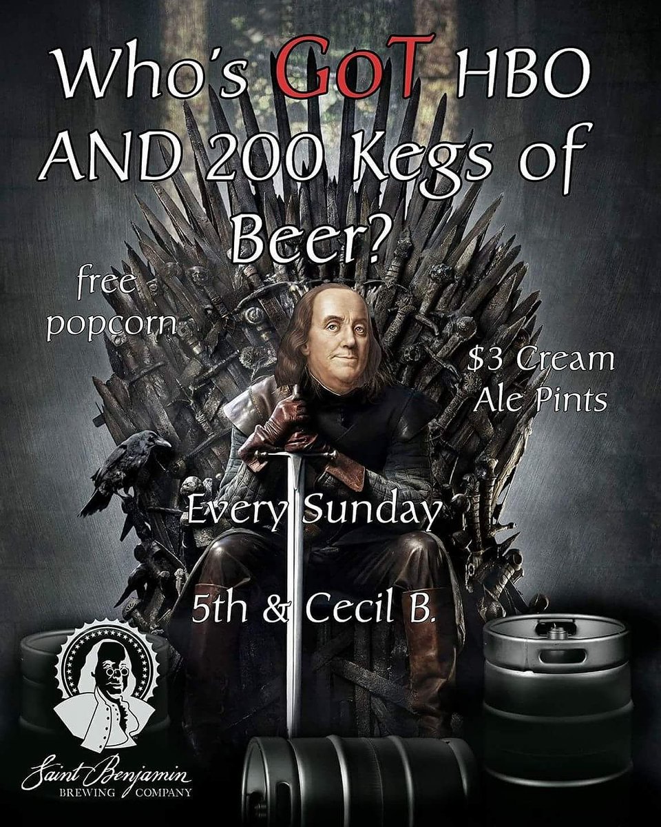 stbenjaminbrew's tweet photo. GoT 7:45pm Sun @StBenjamins
$3 cream ale pints #popcorn #stbenjaminbrew #stbenjaminstaproom #gameofthrones #GoT #sundayfunday https://t.co/mPLr2AjTo7
