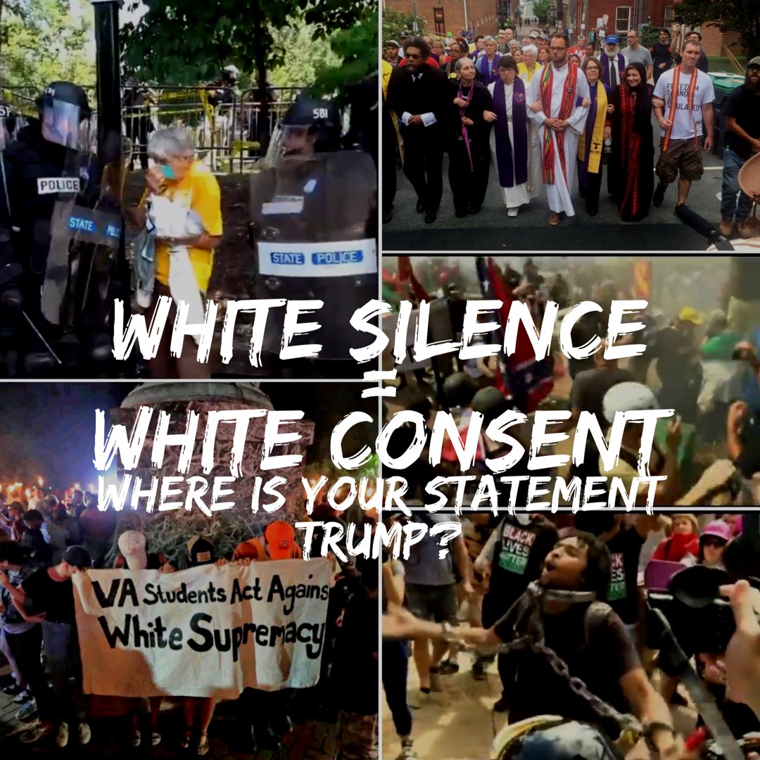 TWW_HR's tweet photo. White silence = White consent. Where is your statement on the Alt-Right rally in Charlottesville @realDonaldTrump?
#DefendCVille #NoNewKKK https://t.co/OG82ehKoOM