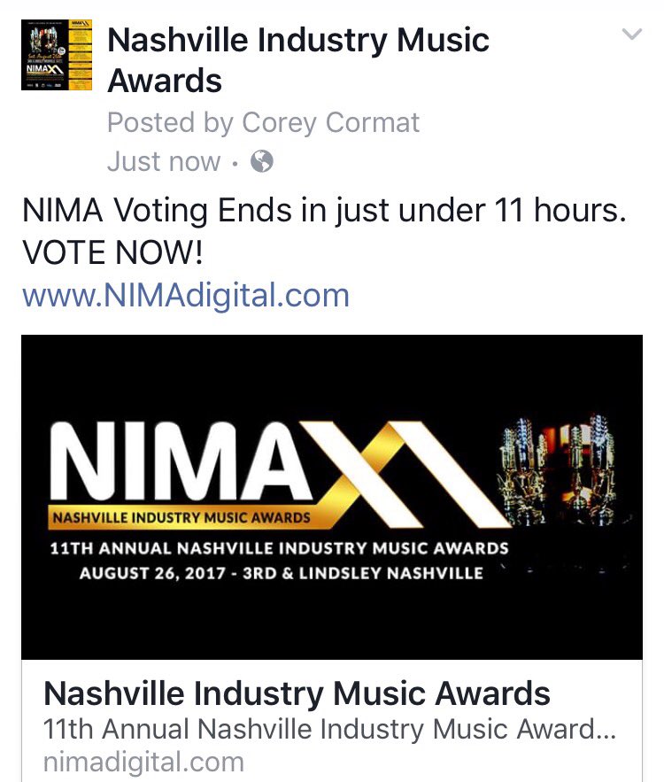 NimaNashville's tweet photo. NIMA Voting Ends TODAY! NIMA XI Aug. 26th @3rdandLindsley | 2017 NIMA Week is Aug 19th - Aug 26th https://t.co/BtA2XWMZ8H