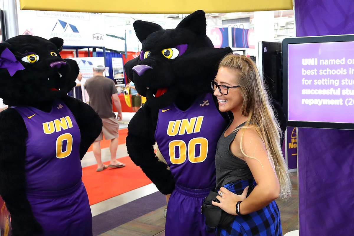 northerniowa's tweet photo. President Nook, TC, and TK had a blast at the @IowaStateFair! Be sure to swing by our booth in the Varied Industries Building. https://t.co/tWVnPqbKyn