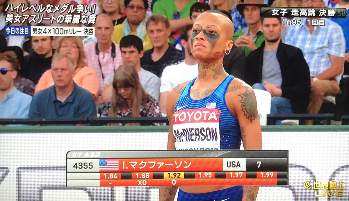 チェレンコフ V Twitter 女子走り高跳び アメリカ代表 イニカ マクファーソン選手がパンチあり過ぎる お腹のシマシマはモアレ 世界 陸上 マッドマックス
