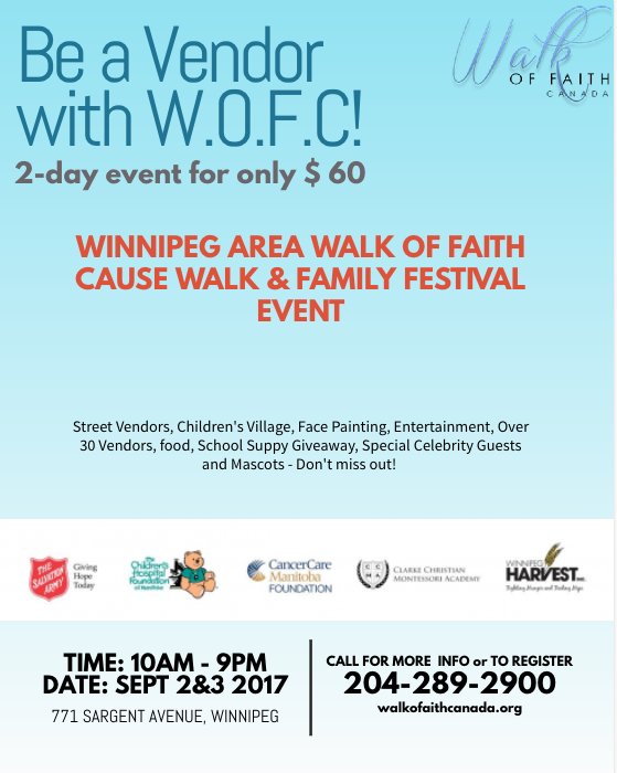 Walkoffaithpeg's tweet image. Calling all businesses and talents! Please join us on Sept 2&amp;amp;3 2017 for the Walk of Faith Event. Register Now!