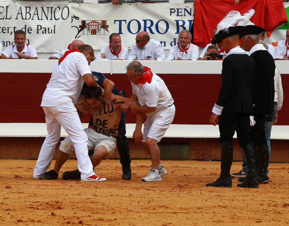 SO_Landes's tweet photo. Feria de Dax 2017 : interception musclée de militants antitaurins dans l’arène https://t.co/thxm87vLYv https://t.co/tZbA78nLRG