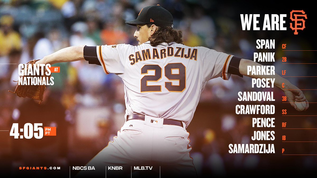 Jeff Samardzija gets the call as the #SFGiants go for their 3rd straight win. atmlb.com/2fBP9xP https://t.co/ct9dJCZ3sa