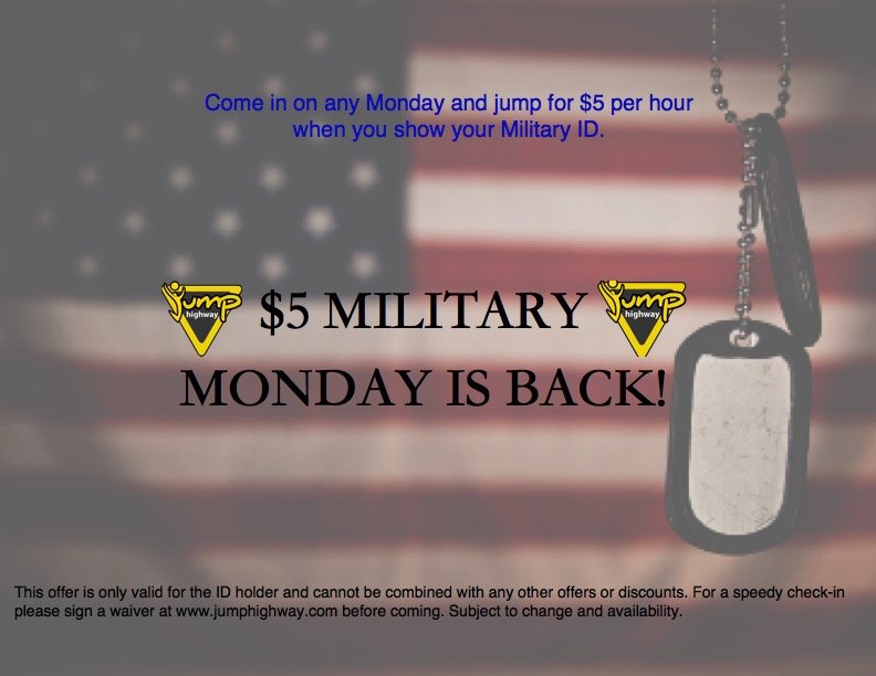 JumpHighwayF's tweet photo. Attention Military and First Responders! Mondays are for you!
#JumpHighway #military #firstresponders https://t.co/wF8XXY0KsA