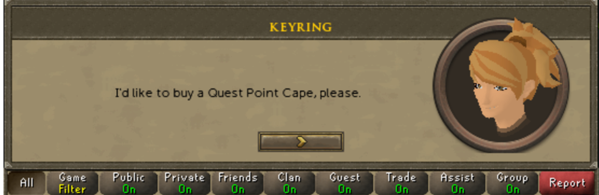 RSkeyring's tweet photo. Keyring has achieved 394 Quest Points! #QuestPointCape #RuneScape https://t.co/jfMzd3NIbA