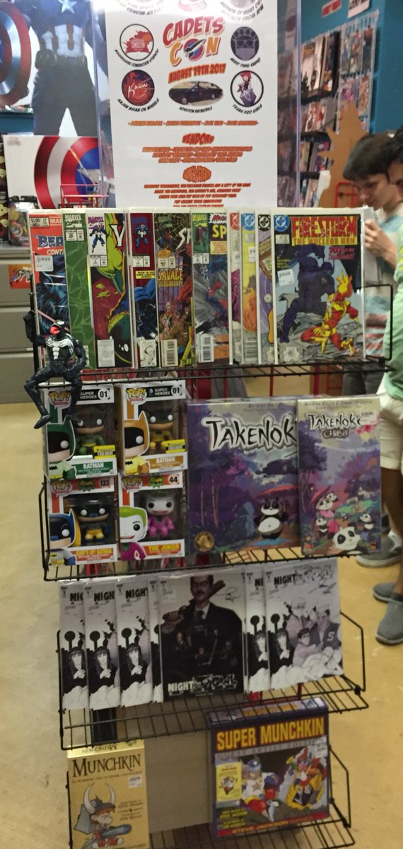 Endcap featuring our guests and activities! <a href="/JamesVenhaus/">James Venhaus</a> Sam De La Rosa, Batmobile, Takenoko, Magic <a href="/SJGames/">Steve Jackson Games</a> and worbla!