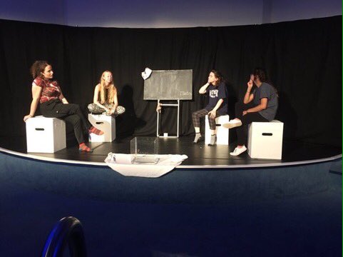 UoNClassics's tweet photo. Clever adaptation of #greekchorus, esp makeup-masks and great use of blackboard! @AristeiaTheatre #electra #LynnInEdinburgh @edfringe https://t.co/fU4LT2dllC