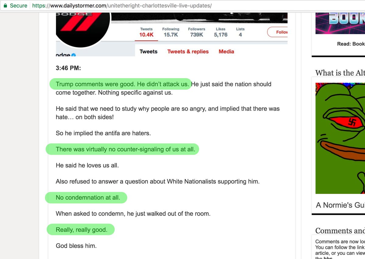 stearnol's tweet image. Latest from Daily Stormer saying you are ok with them because  you won't condemn them directly. #CharlottesvilleKKK 
dailystormer.com/unitetheright-…