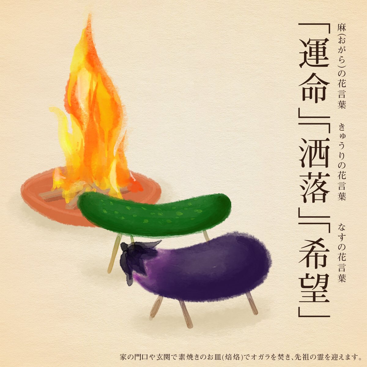 はな言葉 葉菜桜花子 新刊発売 きょう8月13日は 月遅れ盆迎え火 お盆に先祖の霊を迎え入れるため野火を焚く 盆入り 麻 おがら 精霊馬 T Co Aeubv2ecdt Twitter