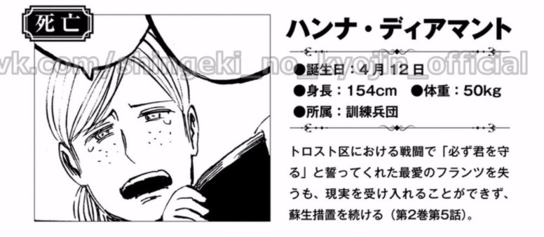 Attack On Titan Wiki Same Status For Hannah Samuel As The Kanji 死亡 Is Next To Their Pictures From Attackontitan Character Directory Guidebook T Co Vfpib7tcng