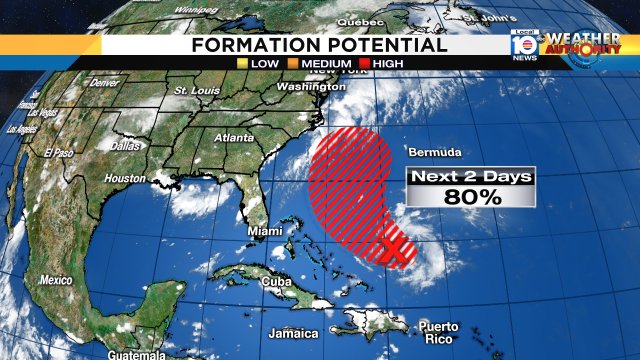 Low now has 80% chance of developing into a #tropical depression within 48 hours. Track keeps it in open waters https://t.co/FR6L9i4stC