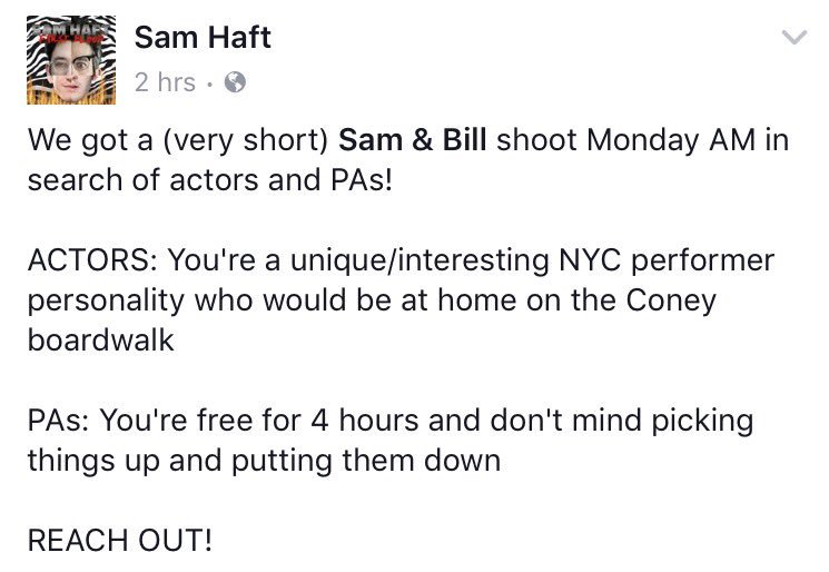 BrittanyLaudaVO's tweet photo. Call for NYC talent! If this is you, hit up my bud @SamHaft #nycactors #samandbill #comedy https://t.co/fchoNd28Uk