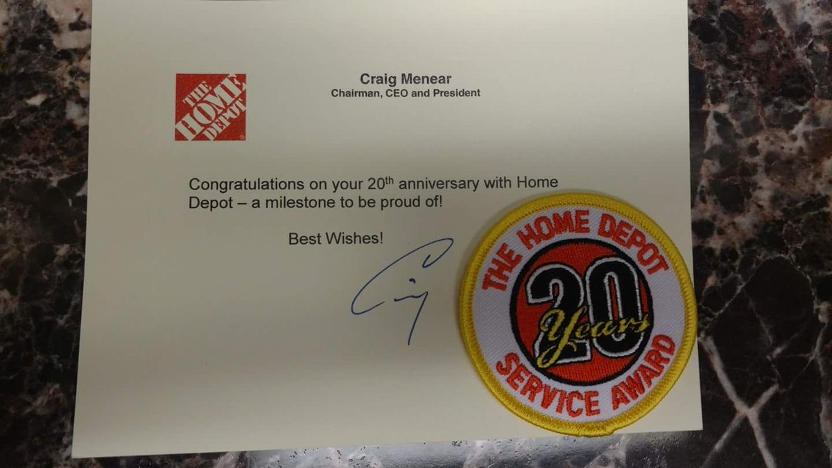 A good friend of mine got 20 years at Home Depot.  She is an inspiration to me. Thank you for being my friend.  #3311wins