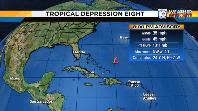 Tropical Depression 8 has developed north of the Bahamas. The track still keeps it out in open water, no landfall https://t.co/mW3UZrZI8s