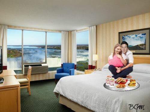 ArielBethPierce's tweet photo. @finn_ezekiel and I just arrived at our hotel, it was a long drive so it's room service for dinner &amp; an amazing view of the falls. https://t.co/pZravL6cAo