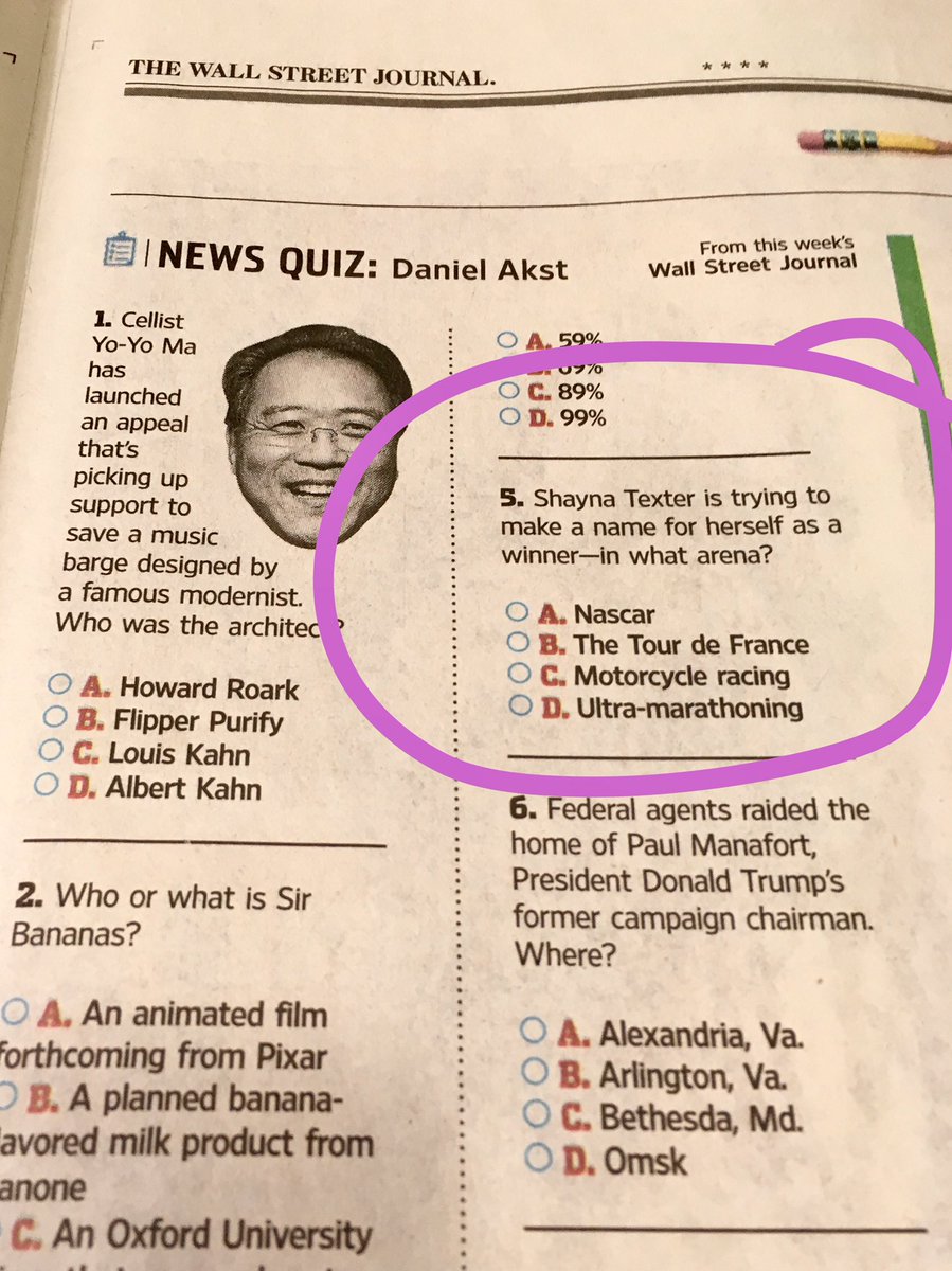 Hey, <a href="/shaynatexter/">Shayna Texter-Bauman</a>, ultra-marathoning? <a href="/AmericanFlatTrk/">American Flat Track</a> #NewsQuiz <a href="/WSJ/">The Wall Street Journal</a>