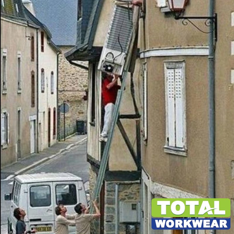 TotalWorkwear's tweet photo. We have to confess, the sight of these guys moving a fridge on this ladder makes us feel a little nervous! #healthandsafetyfail https://t.co/Ypyo6ousNw