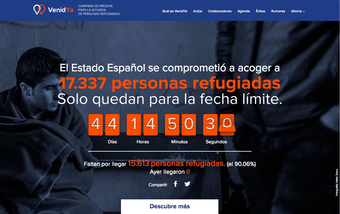 VenidYa's tweet photo. Quedan solo 44 días para el #26S Faltan 15.613 personas refugiadas por llegar Ayer llegaron 0! #VenidYa Entra en https://t.co/ZDHbjoDOlw https://t.co/VG5oNvyKGR