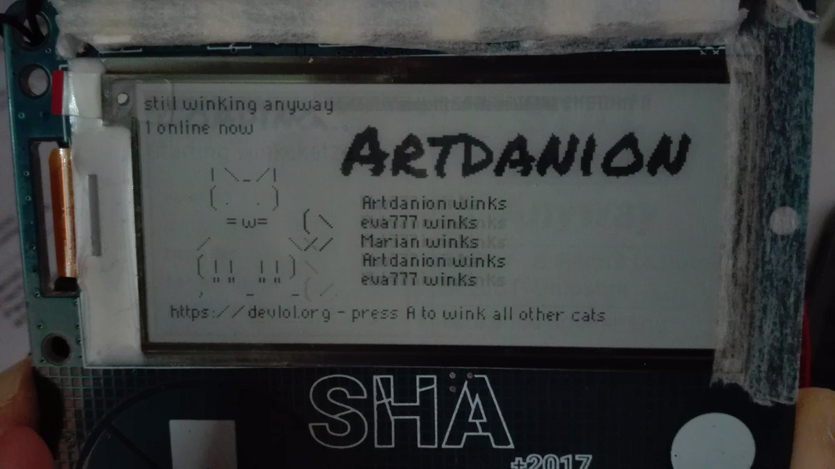 Artdanion's tweet photo. still winking anyway
@SHA2017Badge @SHA2017Camp @hackerspaceLinz @devlol #devlol #winkekatze https://t.co/n9kwSXQiWd