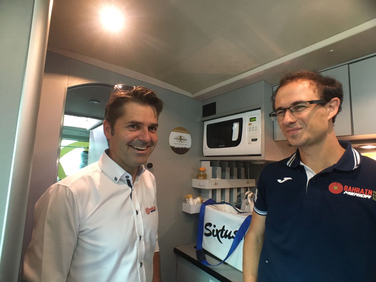 BHRVictorious's tweet photo. #BinckBankTour SD Harald #Morscher and Team Doctor Luca #Pollastri are chatting with coffee before the departure of the stage. https://t.co/M3VfVcIxSd