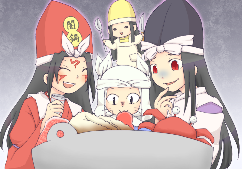 rei_fujiaya's tweet photo. 「晴明～♪タオル食うか？」
「い、いくらまさかちゃんの申し出でもそれはキツいですぅ‥」
って感じでお題箱より、闇鍋をしている晴明・まさか殿・にくぁう様・謙信　具材に蟹とタオル、松阪牛です。人数多いよ！笑
でもたのしかったですｗ　#英語物語 https://t.co/KLaidmVyHg
