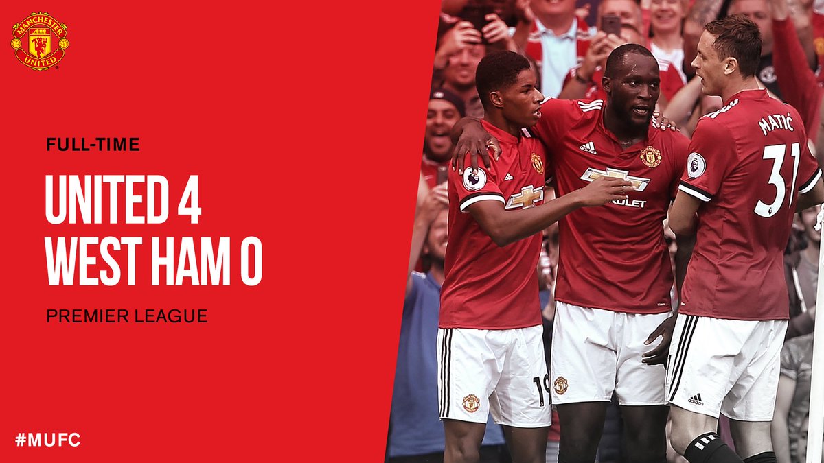 FT: MUFC 4-0 West Ham Utd. 
Lukaku ⚽⚽
Martial ⚽
Pogba ⚽
#GGMU 👏👏👏👏