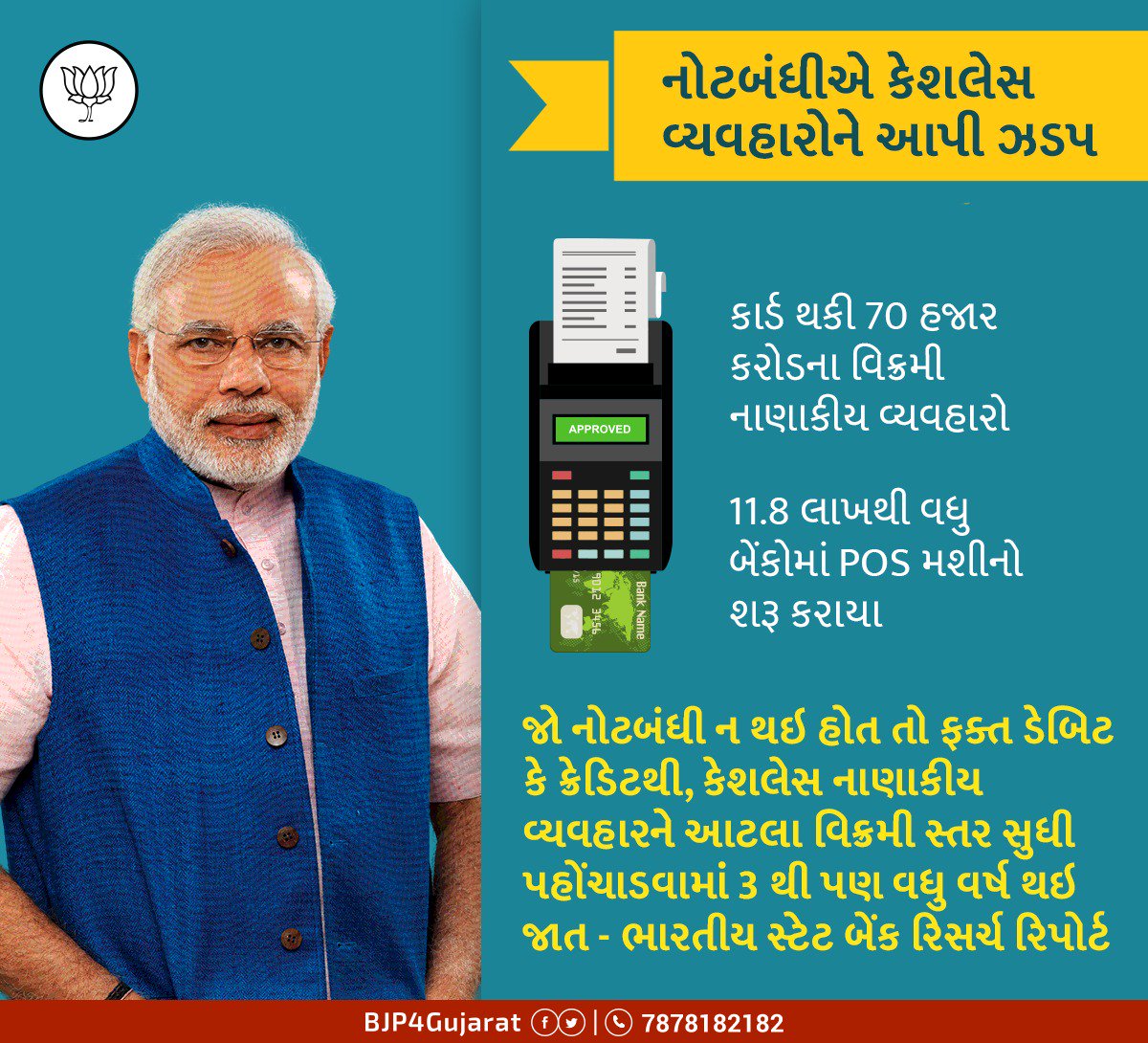 BJP4Gujarat's tweet image. નોટબંધીને લીધે શરૂ થયેલા ડિજિટલ ટ્રાન્ઝેક્શન્સનો આંકડો આજે 70 હજાર કરોડનો વિક્રમી આંક વટાવી ચુક્યો છે.