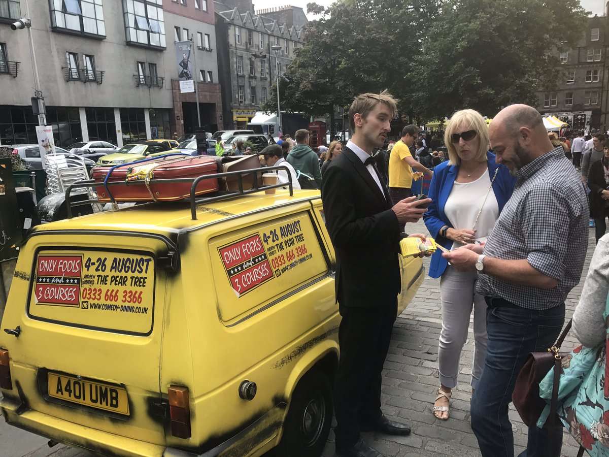 GraceDunne's tweet photo. Boycie drumming up business for #onlyfoolsand3courses CUSHTY food and even better entertainment @AndyUsherAndCo #EdFringe @ComedyDining https://t.co/kGHm8tekPV