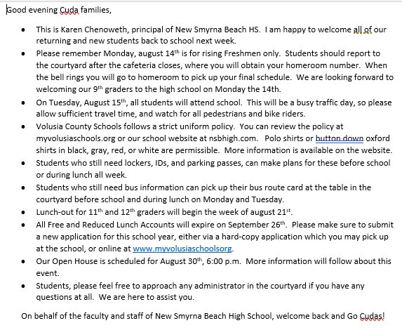 Back to School Information: outlined in Connect Ed Message on Aug 11 and 13th.