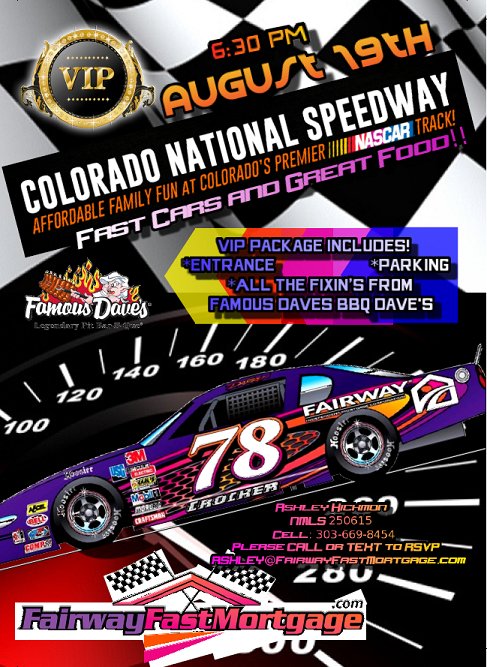 VIP tickets. 15 Available. Meet and greet us at Colorado National Speedway 630. Entry, parking, BBQ and evening of great racing. Limited.