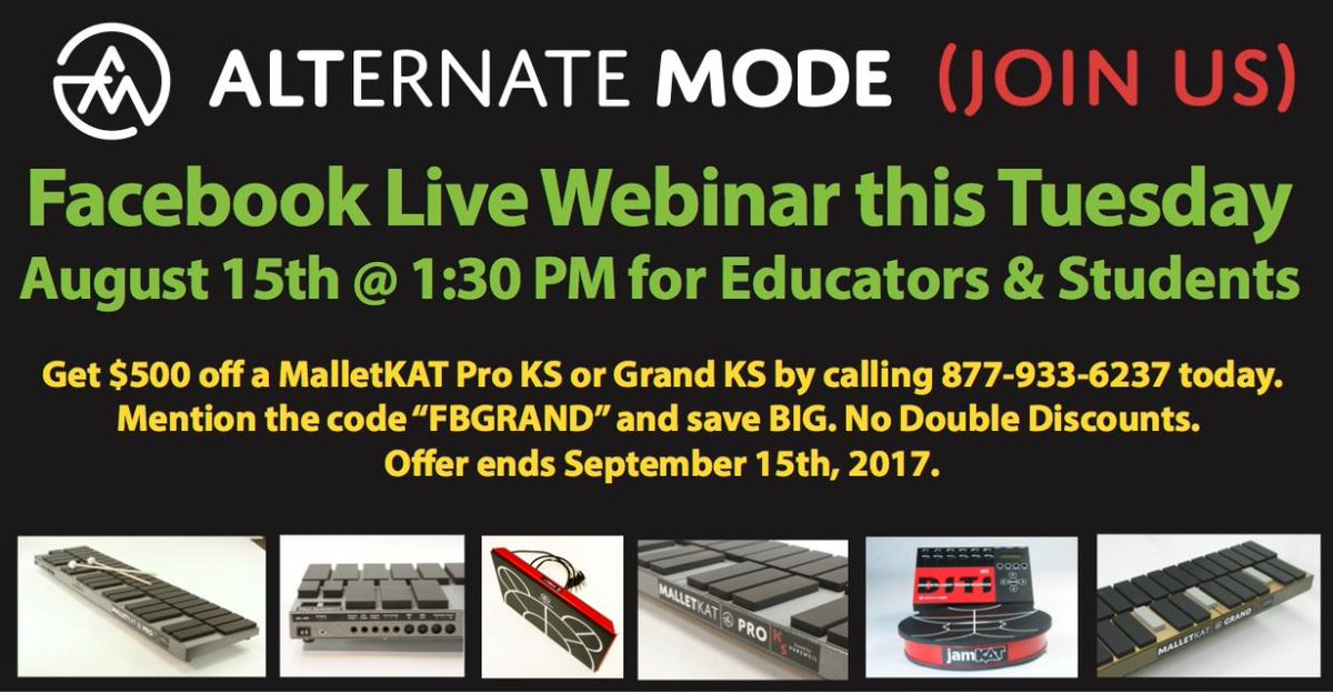 KATpercussion's tweet photo. Please join us on Tuesday for our first Facebook Live Webinar August 15th - 1:30 PM for Educators &amp; Students. All about the #MalletKAT! https://t.co/CKqBaMFRY8