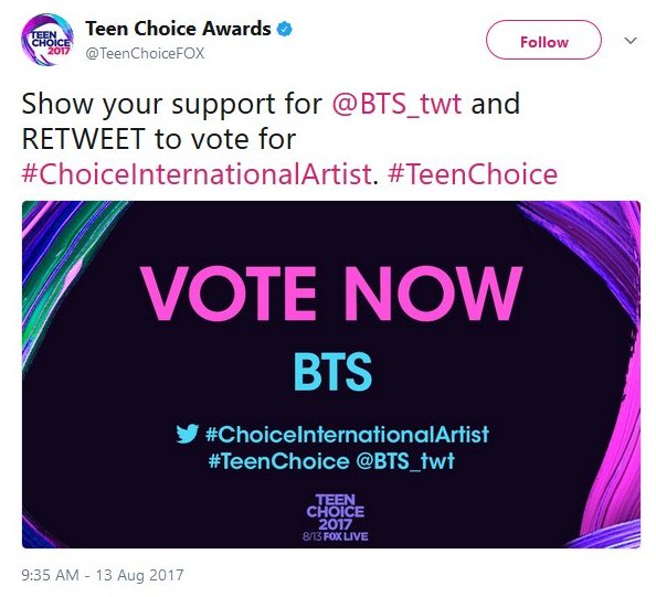 bstwings_views's tweet photo. [TCA] Twitter Votes
-RT this 👉 https://t.co/HCxhf6jnAn
-Tweet with @BTS_twt #ChoiceInternationalArtist. #TeenChoice

⚠️ Ends 7AM KST/6PM EST https://t.co/QkYeUnn3iM