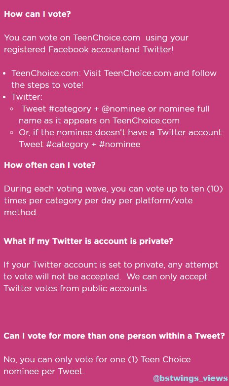 bstwings_views's tweet photo. [TCA] Twitter Votes
-RT this 👉 https://t.co/HCxhf6jnAn
-Tweet with @BTS_twt #ChoiceInternationalArtist. #TeenChoice

⚠️ Ends 7AM KST/6PM EST https://t.co/QkYeUnn3iM
