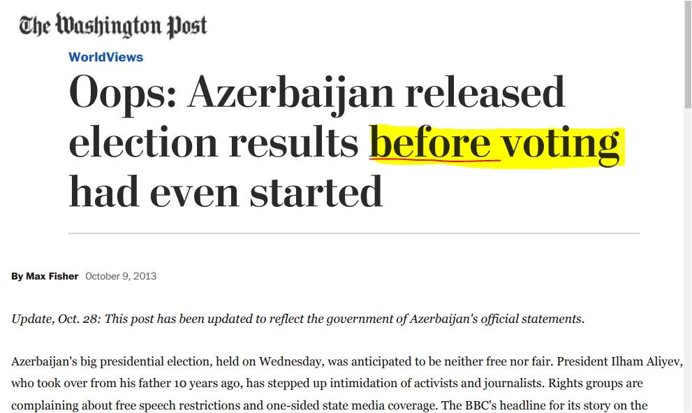 DictatorWatch's tweet image. Oops: Azerbaijan released election results before voting had even started
