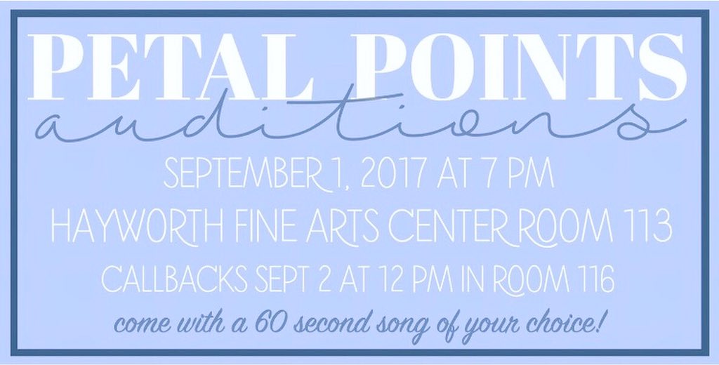 PetalPoints's tweet photo. We hope you're just as excited about auditions as we are! If you have any questions reach out to us on our social media! See you there 🎶 https://t.co/gPCY3KLwTk