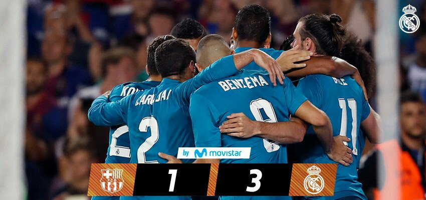 Full time!
FC Barcelona 1-3 Real Madrid!

’50 Pique (OG)
’77 Messi (Penalty)
’80 Cristiano Ronaldo 
’90 Asensio #VamosReal