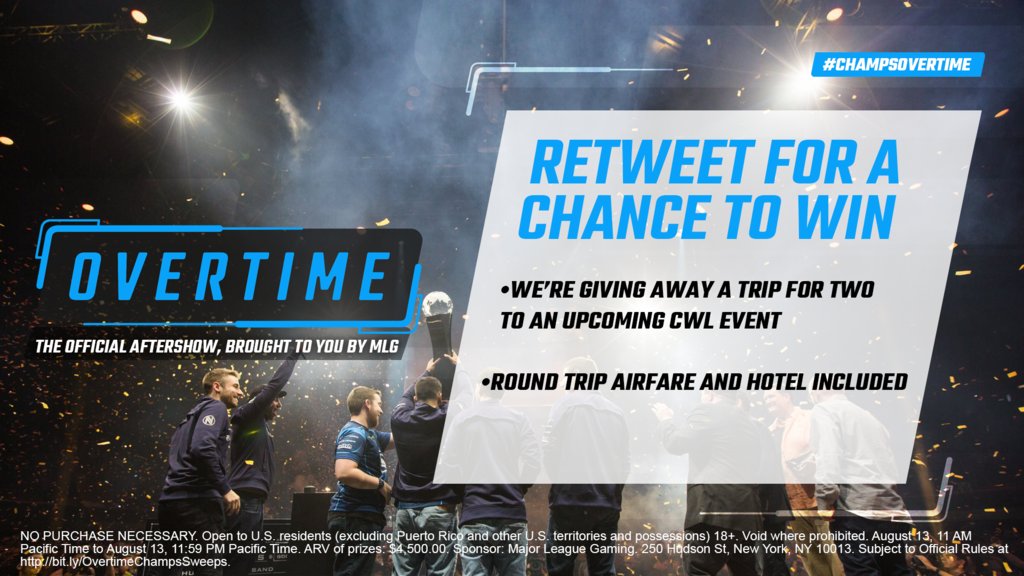 RT + Follow &amp; you could win a trip to a future CWL event!

#ChampsOVERTIME

Rules: bit.ly/OvertimeChamps…