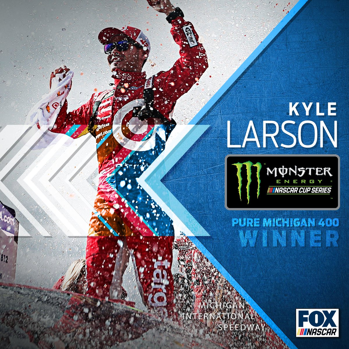 NASCARONFOX's tweet photo. RT to congratulate @KyleLarsonRacin on his #PureMichigan400 WIN! 

See the full @MISpeedway results here» https://t.co/Kvh0GBixHC https://t.co/Kzhbk62ydK