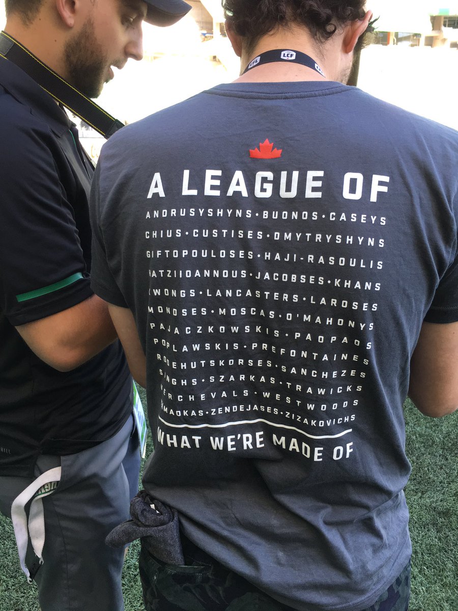 LeeJonesCTV's tweet photo. Diversity is Strength shirts, long planned for CFL's Canada 150 celebrations, rolled out today in wake of terrible news in Virginia. #CFL https://t.co/nWpuuDEFjy