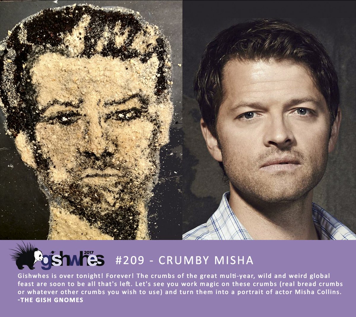 rtw1982's tweet photo. 209 Crumby @mishacollins #ThisIsHowYouGetAnts #HailMaryProject #gishwhes2017 https://t.co/jluRR8dz6K