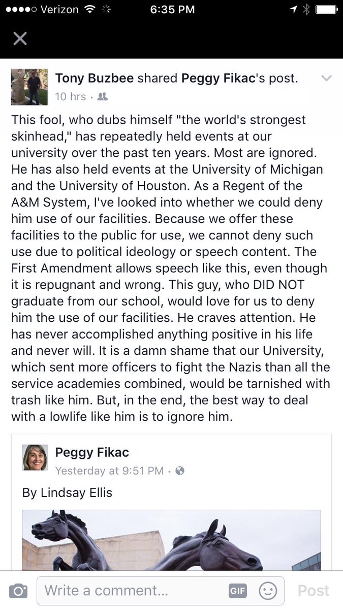 MWatkinsTrib's tweet photo. Comments from A&amp;M regent Tony Buzbee on the white nationalist rally coming to campus. https://t.co/RvgSXK4pQ3