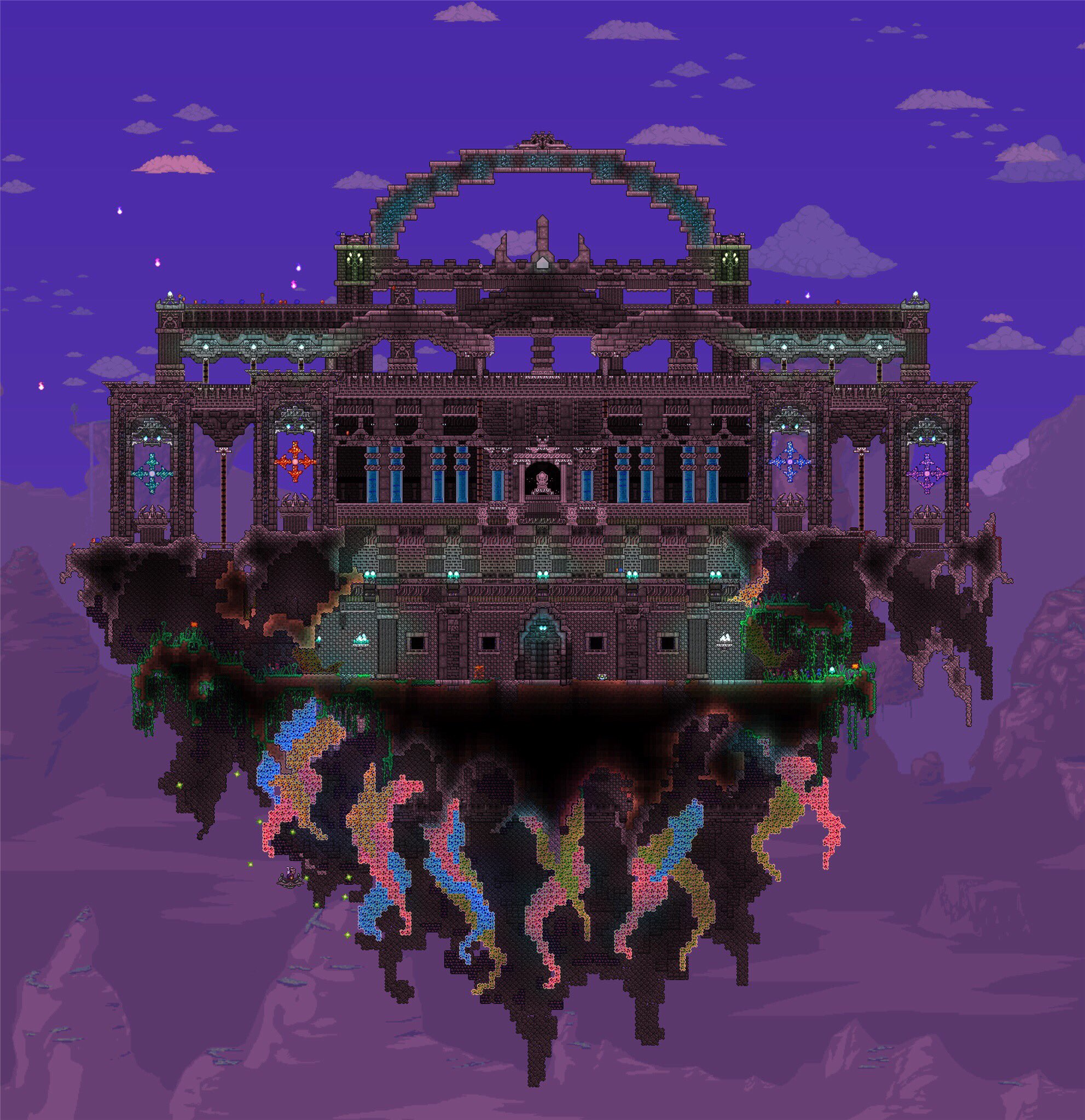兎菱 Terraria 公開okとの事で改めてmoonlordの祭壇です 今の建築スキルの限りを尽くすつもりでしたが 本当はもっとやりたい事あったりなかったり 夜のシルエットがムーンロードの頭っぽく見えてたら嬉しいです 建築world Miyabi Ill さん配布
