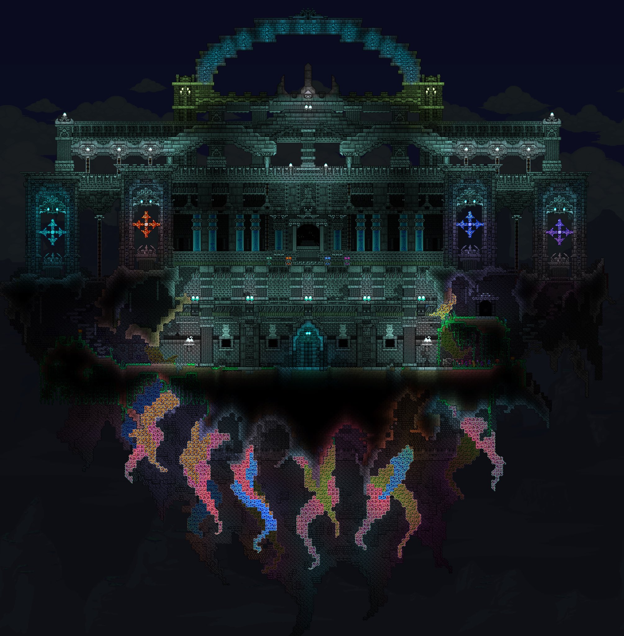 兎菱 Terraria 公開okとの事で改めてmoonlordの祭壇です 今の建築スキルの限りを尽くすつもりでしたが 本当はもっとやりたい事あったりなかったり 夜のシルエットがムーンロードの頭っぽく見えてたら嬉しいです 建築world