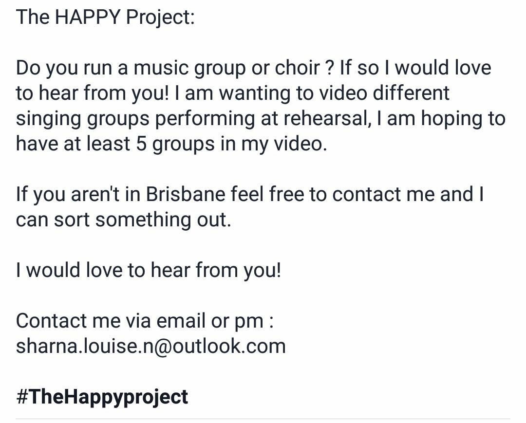 FrannybeeT's tweet photo. One of my #CheepTrillChoir buddies is looking for choirs for her project. Can you help? #TheHappyProject https://t.co/i0duZdJrRi