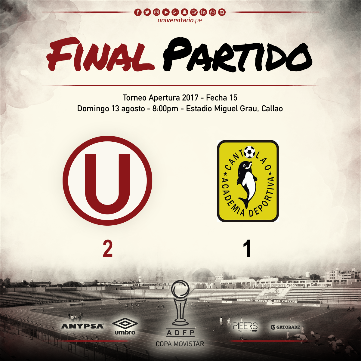Universitario's tweet photo. ยกFINAL del partido en el Callao!
Triunfo de @Universitario por 2 a 1 ante Cantolao
#VamosCremas
#UvsCAN https://t.co/0yjAPgwtZJ