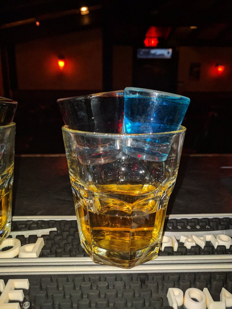 ShadowWelch's tweet image. @Da_Nerdette CHEERS!! This is called a #HandGrenade. #Jager with #BlueRaspberryVodka dropped in #RedRain @FunkyBuddhayeg